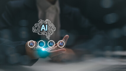 Artificial intelligence technology and automation system. Businessman controlling AI processes through virtual interface with gear icons, symbolizing machine learning and innovation.