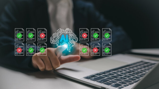 AI technology for document verification and data validation. Businessman using artificial intelligence to analyze and authenticate digital documents with checkmarks and error indicators.