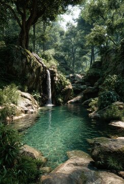 Serene Forest Oasis with Crystal Clear Waterfall and Lush Greenery Surrounded by Majestic Trees and Smooth Rocks for Nature Lovers