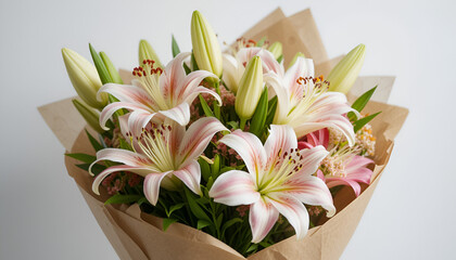 Tender pink lilies bouquet in brown paper wrapping offers a soft and elegant floral display ideal for romantic or celebratory themes. © UD