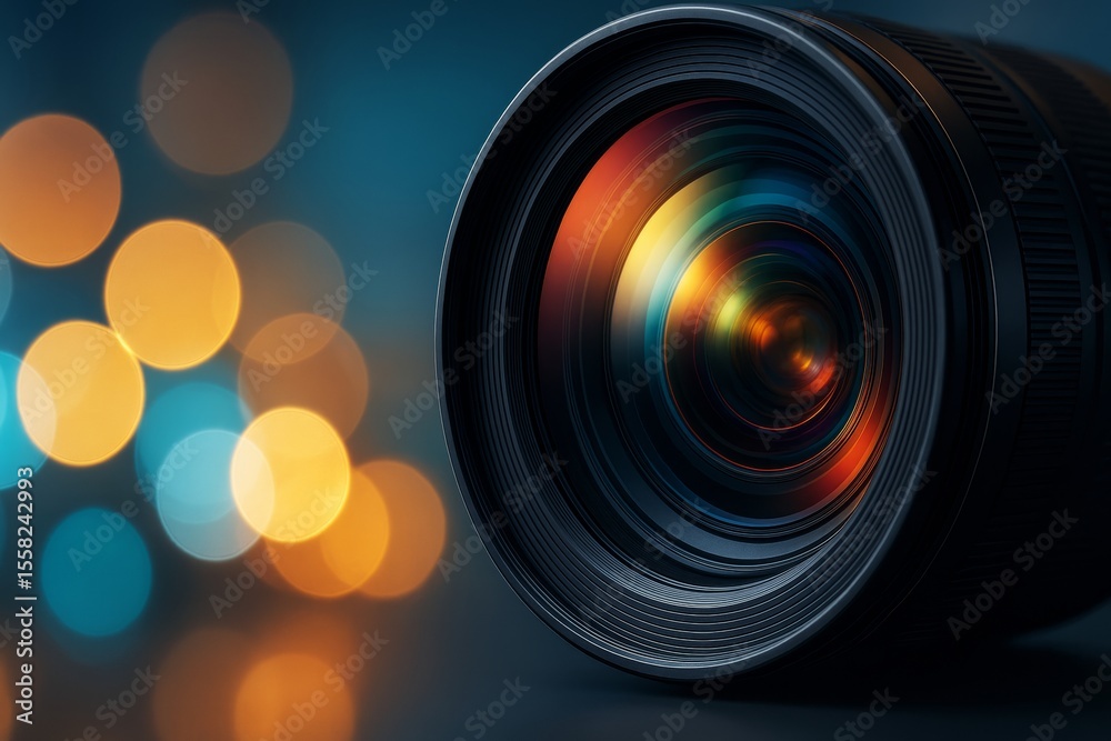 Aufkleber Close-up of a camera lens with colorful light reflections and bokeh background in a modern abstract photography hobby concept.