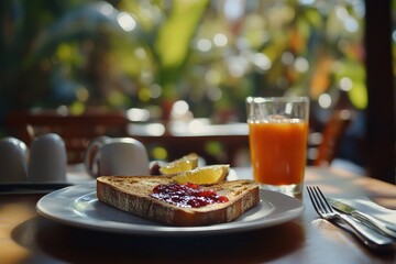 Delicious breakfast featuring toast with jam and fresh citrus slices, complemented by a refreshing glass of orange juice, set in a vibrant café ambiance filled with greenery.