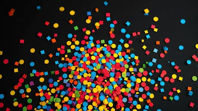 Colorful confetti bursts joyfully against a dark backdrop creating festive flair for parties and celebrations.