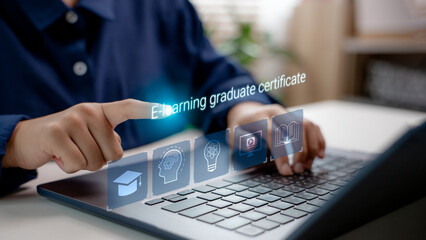 Close-up of hand touching virtual E-learning interface with icons and text E-learning graduate certificate, symbolizing online education, digital training, certification, and remote study technology.