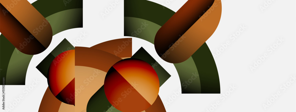 Poster Abstract geometric shapes, warm colors dominate composition. Rounded forms intersect, creating dynamic visual interest. Minimalist design.