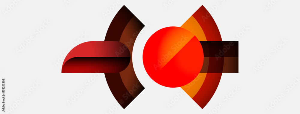 Poster Abstract design features red shapes, curves, gradients. Minimalist composition with central sphere, dynamic visual impact.