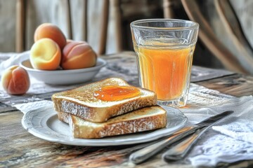 Delicious Breakfast Spread Featuring Toast with Jam, Fresh Apricots, and a Refreshing Glass of Juice on Rustic Wooden Table