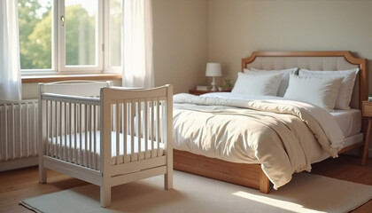 Cozy bedroom with crib and queen bed in soft morning light  