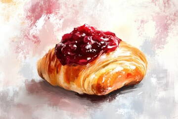 Delicious Croissant Freshly Baked with a Generous Spread of Sweet Berry Jam Perfect for Breakfast or Dessert, Ideal for Food Photography and Culinary Inspiration