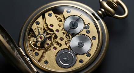 Intricate Timekeeper: A detailed close-up view of a vintage pocket watch's gears and mechanisms. The elegant brass casing reveals an intricate network of cogs and springs.