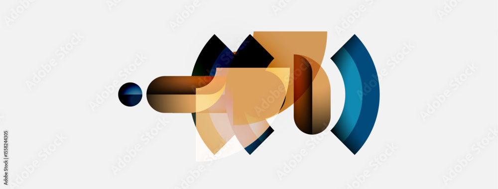 Poster Abstract shapes overlap, creating dynamic composition. Warm tones blend with cool blues, suggesting movement, depth. Minimalist design.