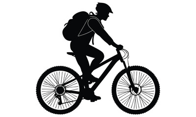 Naklejka premium Silhouette of a mountain biker with a backpack riding a bicycle isolated on a white background representing outdoor adventure and sport