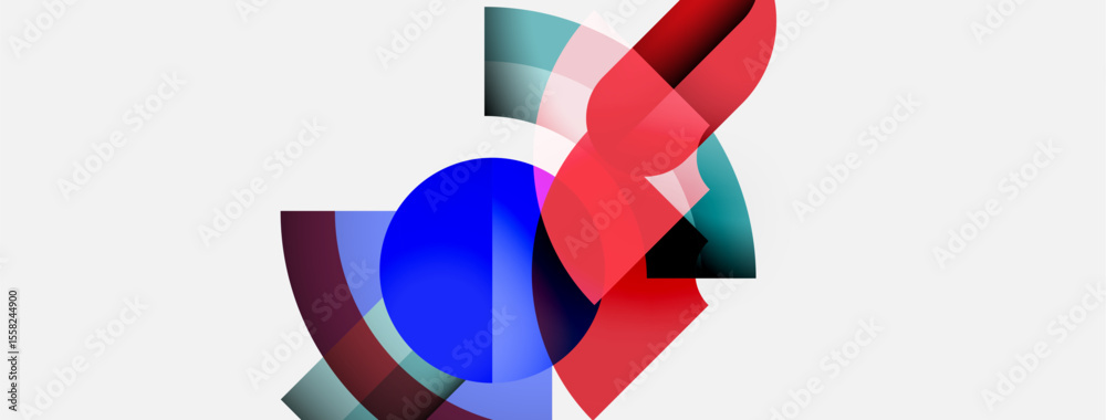 Poster Abstract composition features overlapping colorful shapes. Blue, red, teal elements create dynamic visual interest. Minimalist design, clean background.