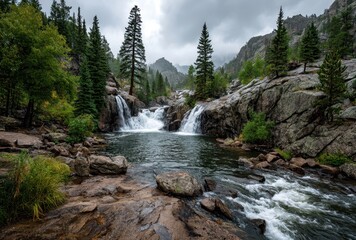 Serene Mountain Waterfall Surrounded by Lush Green Trees and Rocky Terrain on a Cloudy Day in a Tranquil Wilderness Setting