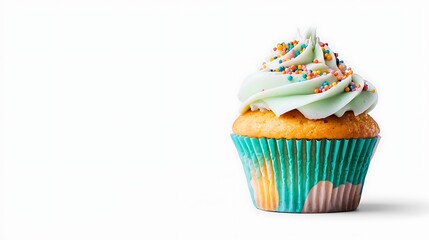 Delicious Cupcake with Swirling Frosting and Colorful Sprinkles on a Bright White Background