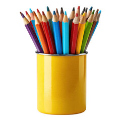 Bright Colored Pencils Overflowing from Yellow Holder on White Background for Creative Projects and School Use