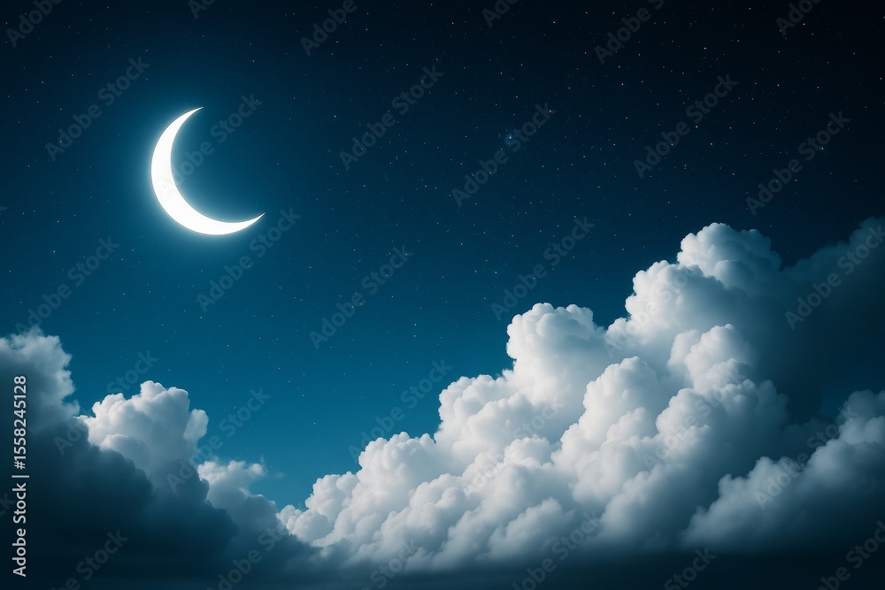 Aufkleber crescent moon glowing in starry night sky above fluffy illuminated clouds in dreamlike atmospheric l