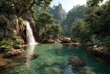 Naklejka premium Serene Natural Landscape with Clear Waterfall Cascading into Tranquil Pool Surrounded by Lush Greenery and Majestic Rocky Outcrops