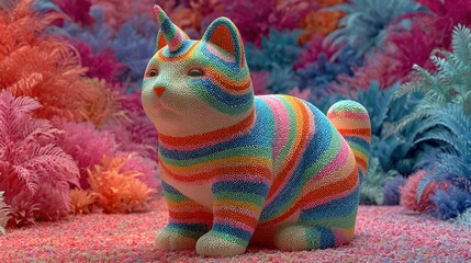 Particulate Crouched Plush with Chromatic Stripes in Blossom Cluster, Refractive Habitat Vignette