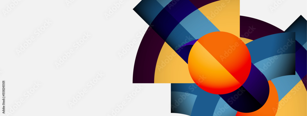 Poster abstract geometric shapes overlap. colors include yellow, blue, purple. modern design with clean lin