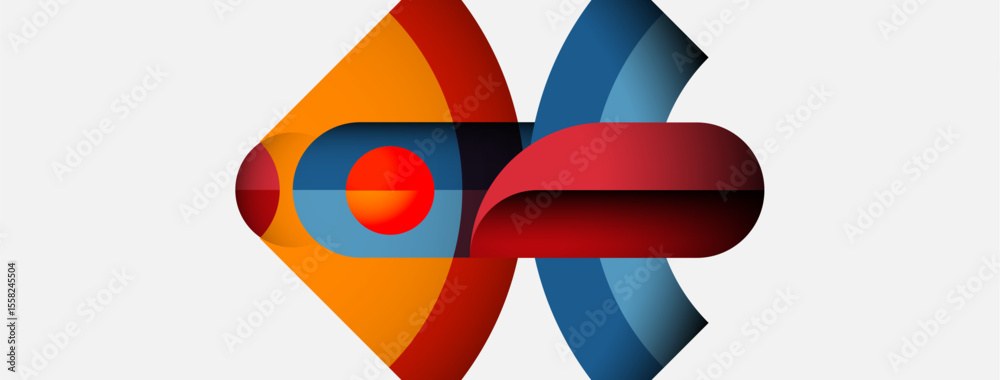 Poster Abstract graphic design features overlapping shapes. Red, orange, blue hues create dynamic composition. Modern, minimalist aesthetic.