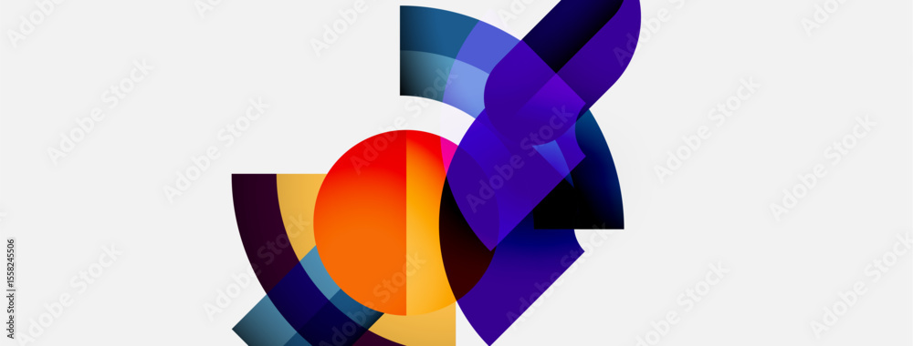 Poster abstract shapes overlap, creating vibrant color blends. orange circle dominates composition, purple 