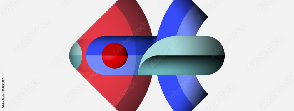 Poster Abstract graphic design features curved shapes. Red, blue, silver tones create dynamic composition. Minimalist style, modern aesthetic.