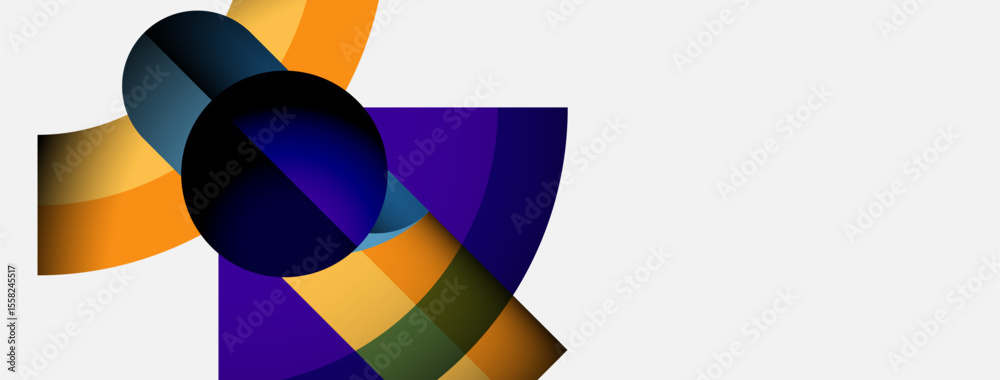 Leinwandbilder Abstract composition features overlapping colorful shapes. Circles, rectangles blend creating dynamic visual effect. Bright hues dominate white background.