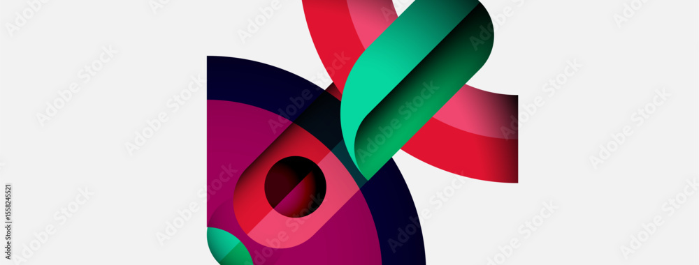 Poster Abstract shapes overlap, creating vibrant composition. Colors blend, forming dynamic visual experience. Modern design, clean aesthetic.
