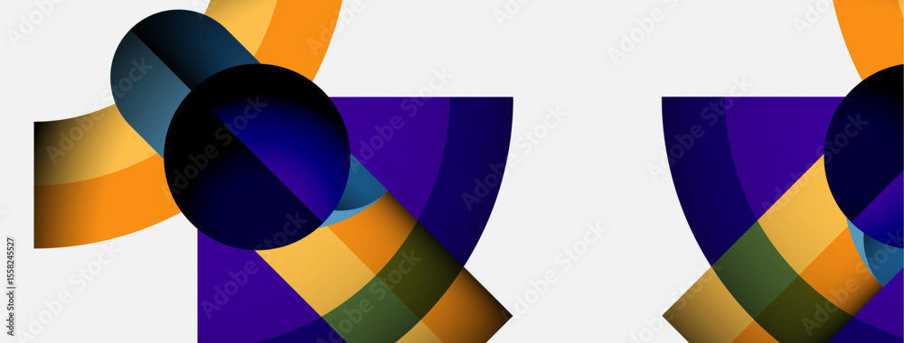 Poster Abstract geometric shapes overlap, creating vibrant color gradients. Composition features circles, curves, plus contrasting hues. Modern design.