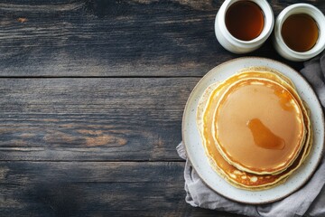Delicious fluffy pancakes with maple syrup on a rustic wooden table, accompanied by two small jars of syrup for a delightful breakfast experience.