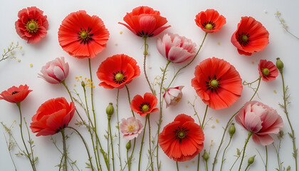 A beautiful arrangement of vibrant red and pink poppy flowers on a clean white surface creates an elegant floral backdrop.