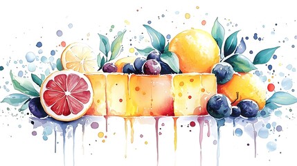 Colorful Watercolor Painting of Citrus Fruits and Cheese on a Vibrant Background