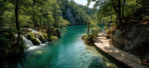 Fototapeta premium Serene Nature Scene with Clear Turquoise Water, Wooden Pathway, and Lush Greenery in a Scenic Forest Setting