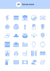Set of Korea icons in blue.