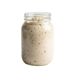 Bubbly, active sourdough starter in a clear glass jar, ready for baking artisan bread. Perfect for culinary blogs, recipes, or fermentation projects.