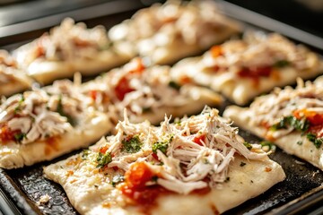 Delicious freshly baked flatbreads topped with shredded chicken, vibrant herbs, and rich tomato sauce, perfect for a tasty meal or snack option.