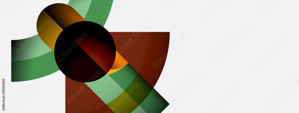 Poster Abstract geometric composition. Overlapping shapes create dynamic visual effect. Colors blend, forming interesting patterns. Minimalist design.
