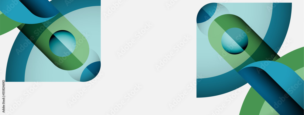 Poster abstract design features flowing ribbons, blue, green hues. minimalist composition, clean lines, mod