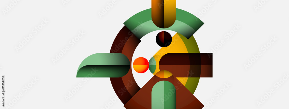 Poster Abstract geometric composition. Shapes overlap, creating dynamic visual interest. Colors include green, brown, orange, black. Minimalist design.