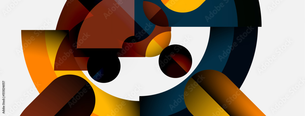Poster Abstract geometric composition. Shapes overlap, creating dynamic visual interest. Warm, cool colors blend seamlessly. Modern design.