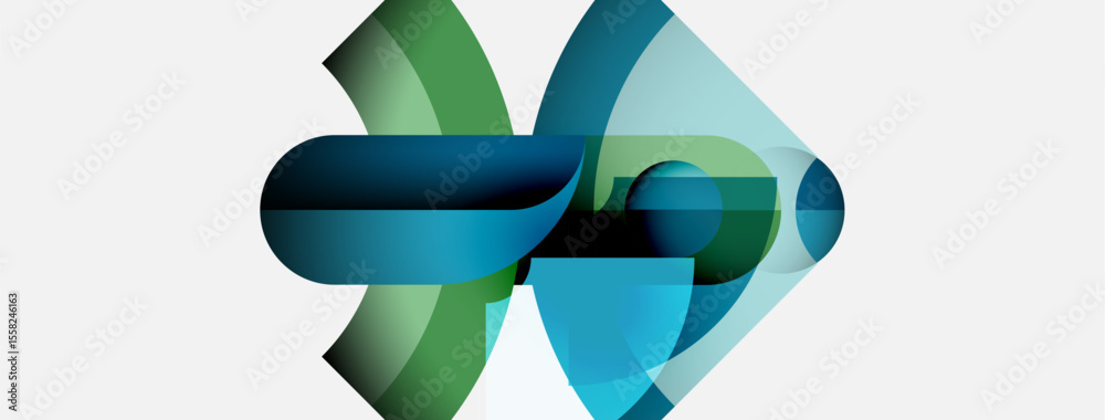Poster Abstract graphic design. Overlapping shapes create dynamic visual effect. Blues, greens dominate composition. Modern, clean aesthetic.