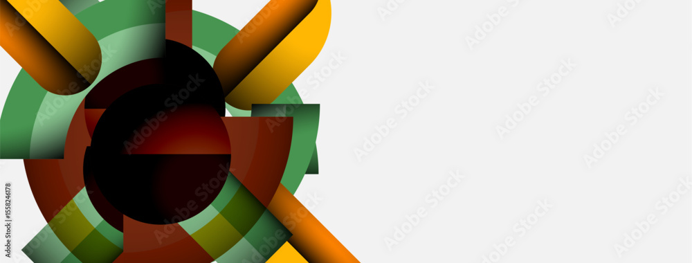 Poster Abstract geometric shapes overlap, creating dynamic visual effect. Colors include orange, green, brown, black, white. Minimalist design.