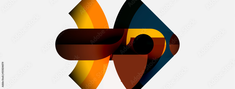 Poster Abstract geometric shapes overlap, creating dynamic composition. Warm colors contrast cool tones on white background. Modern design.