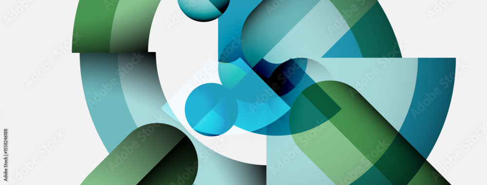 Poster Abstract composition. Overlapping circles, rectangles create dynamic visual effect. Cool greens, blues dominate palette. Minimalist design.