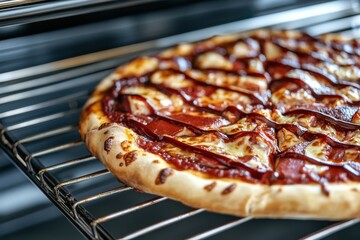 Delicious freshly baked pizza on a cooling rack with rich tomato sauce, melted cheese, and smoky barbecue drizzle ready to be served and enjoyed at a family gathering or party event