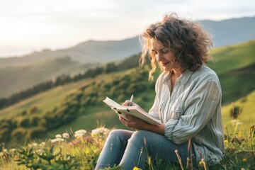 Writer enjoying nature taking notes in her notebook at sunset