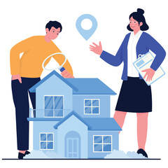 Real Estate Illustration. Vector illustration of A buyer inspects a house with help from a real estate agent. Isolated on background