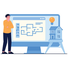 Real Estate Illustration. Vector illustration of A man analyzing digital house layout on a screen with architectural planning elements. Isolated on background