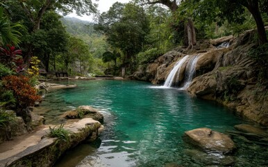 Serene Tropical Landscape with Crystal Clear Waterfall and Lush Greenery in a Peaceful Jungle Setting for Nature Enthusiasts and Travel Lovers